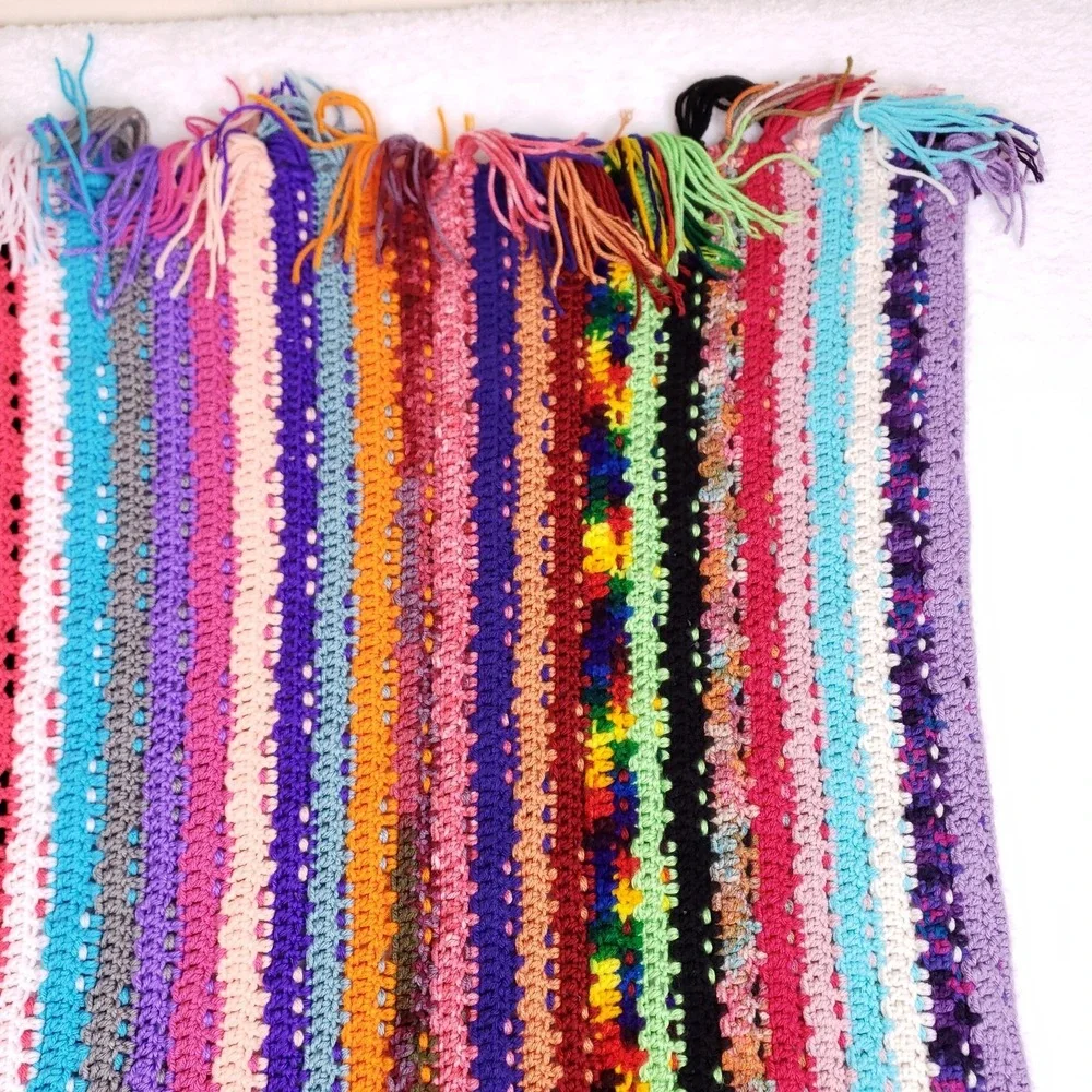 Handmade Multicolor Crochet Knit Blanket 35x60 Boho Retro Fringe Throw‎